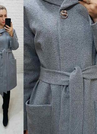 Зимнее пальто с капюшоном кашемир арт. 176 меланж (цвет 2) черно-белый принт