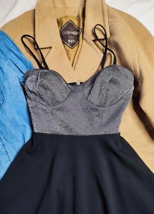 New look платье на бретельках черное со свободной юбкой серебристый топ нарядное праздничное