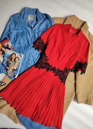 Asos платье красное с черным кружевом плиссе плиссерованное классическое нарядное