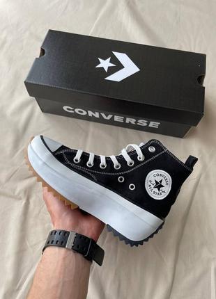 Converse run star hike black брендовые черные высокие массивные кеды конверс на высокой подошве тренд жіночі чорні кеди на високій платформі5 фото