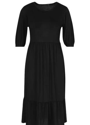 Boohoo чорное платье трикотажное рукав фонарик миди с воланом базовое повседневное4 фото