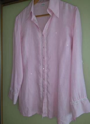 Розовая льняная рубашка с кружевом camaieu (испания) 100% лён3 фото