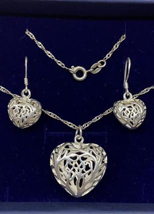 Комплект 🤍🤍🤍 серебро 925°, цепочка+кулон+серьги в виде ажурных сердец, подвеска в форме сердечка, кулон сердце3 фото