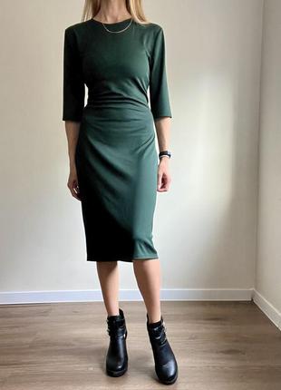 Платье zara s-m ниже колена изумрудный зеленый1 фото