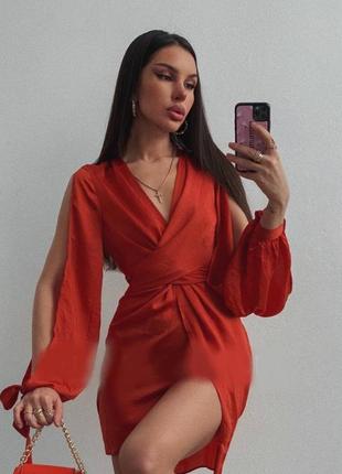 Коктельна сукня плаття міні цегляного кірпічного кольору розрізи сатин prettylittlething plt