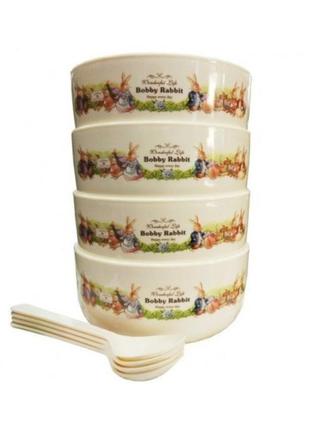 Детский набор посуды bobby rabbit, 4 тарелки с ложечками