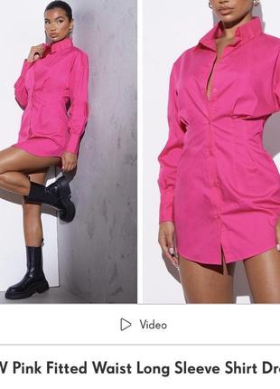 Нова.сукня сорочка plt prettylittlething renew hot pink poplin cotton fitted waist long sleeve shirt