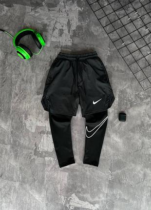 Чоловічі спортивні шорти nike чорні з сірим з лосинами для тренувань найк (b)