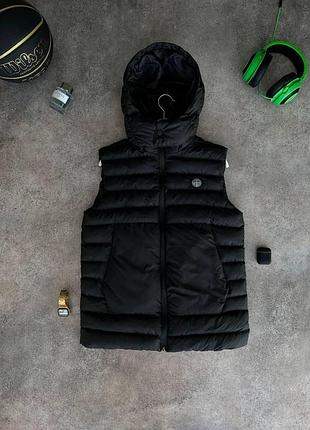 Мужская жилетка stone island черная з капюшоном безрукавка стон айленд весенняя (b)