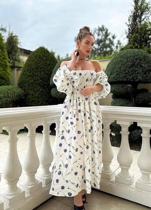 Муслиновое длинное платье с принтом василька с резинкой в корсете с объемными рукавами на резинке1 фото