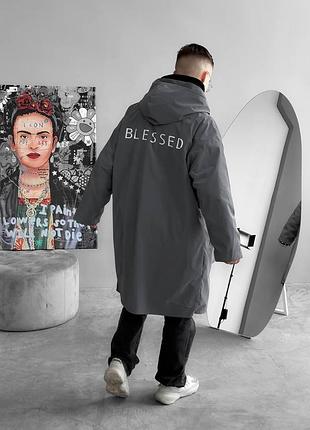 Мужская ветровка удлиненная blessed серая оверсайз весенняя осенняя с капюшоном куртка-дождевик (b)