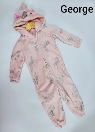 Детская розовая махровая пижама -комбинезон для девочки стельки единорожки на молнии от бренда george1 фото