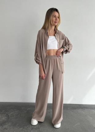 Креповий оверсайз костюм у найкращих кольорах❤️ стильний жіночий комплект сорочка і широкі штани вільного крою з високою посадкою легкий