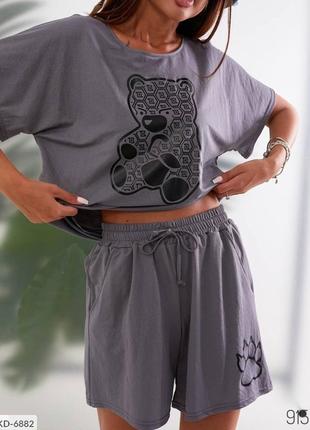 Костюм жіночий літній повсякденний зручний молодіжний з тонкого льону футболка та шорти з принтом розміри 38-483 фото
