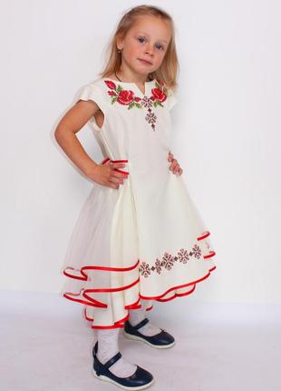 Детское вышитое платье мальвина с вышивкой звездное на кремовом габардине3 фото