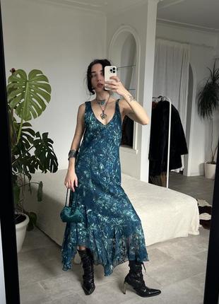Розкішна шовкова вінтажна довга бірюзова сукня3 фото