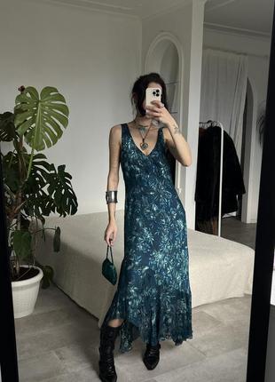 Роскошное шелковое винтажное длинное бирюзовое платье