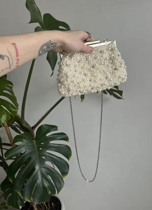 Роскошная винтажная бисерная жемчужная белая сумочка клатч на длинной цепочке2 фото