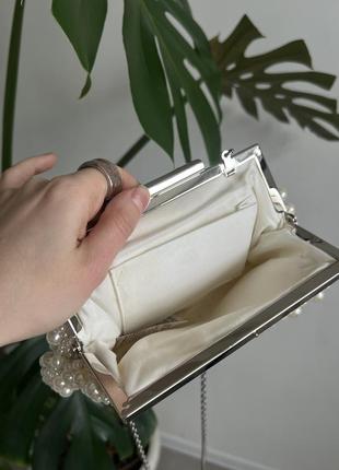 Роскошная винтажная бисерная жемчужная белая сумочка клатч на длинной цепочке5 фото