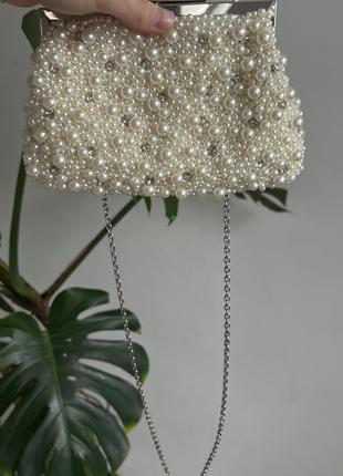Роскошная винтажная бисерная жемчужная белая сумочка клатч на длинной цепочке6 фото