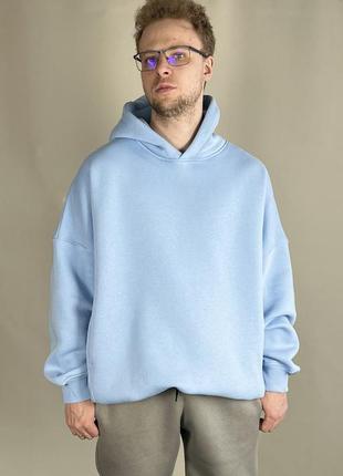 Мужская толстовка oversize с капюшоном из трехнитки на флисе голубая