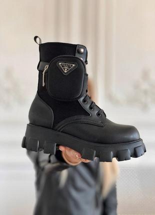 Шикарные ботинки prada  leather boots nylon pouch  boots black черевики5 фото