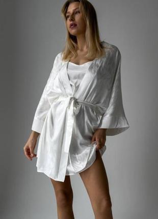 Жіночий комплект 2в1 - сорочка та халат 🔥 / домашній одяг / шовковий набір в принт / ночнушка комбинация атлас + халат на запах