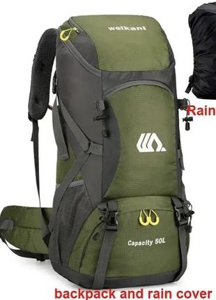 Професійний туристичний, трекінговий похідний рюкзак weikani 50l зелений + чехол від дощу7 фото