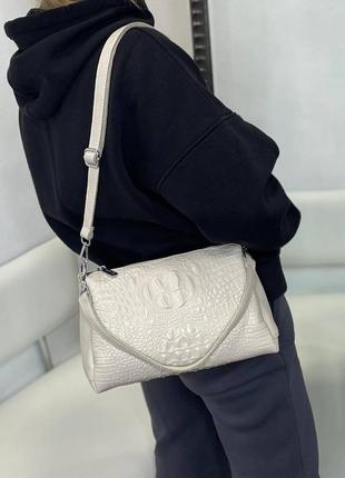 Женская стильная и качественная сумка из натуральной кожи на 2 отдела серый беж