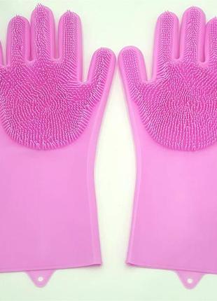 Силіконові рукавички для миття та чищення magic silicone gloves з ворсом рожеві1 фото