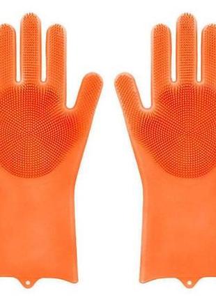 Силиконовые перчатки для мытья и чистки magic silicone gloves с ворсом оранжевые1 фото