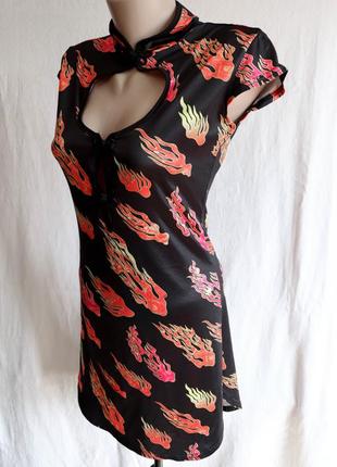 Модное черное короткое женское платье летнее с принтом в азиатском стиле китайское ципао м 464 фото