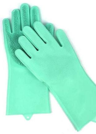 Силиконовые перчатки для мытья и чистки magic silicone gloves с ворсом мятные