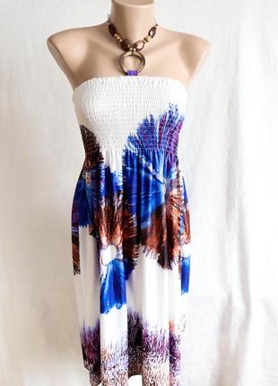 Яркое белое летнее платье миди с принтом без бретелей сарафан breakout размер xs 42 пляжное5 фото
