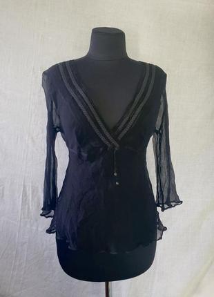 Блуза полупрозрачная шелковая черная с орнаментом v вырез2 фото