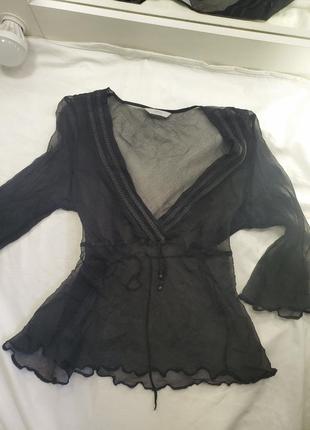 Блуза полупрозрачная шелковая черная с орнаментом v вырез4 фото