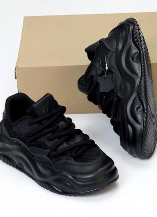 Sale крутые молодежные черные кроссовки кожа+сетка на утолщенной подошве 208322 фото