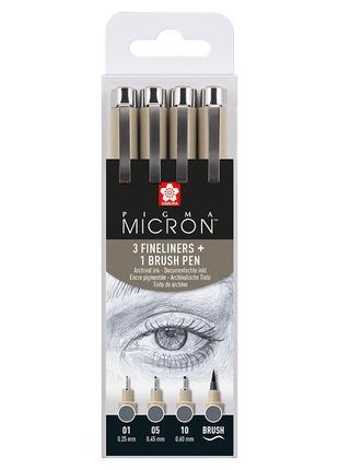 ~#~набір лінерів pigma micron 4шт, (0.1/0.5/10/лінер-пензель pigma brush), сірий, sakura