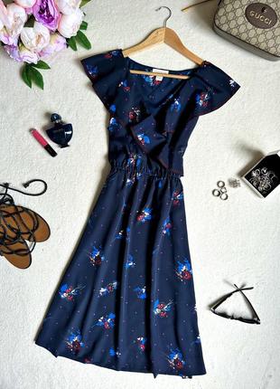 Женственное летнее платье миди в цветах, синее платье миди, летнее платье, платье с воротником1 фото