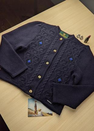 Кофта винтажная австрия шерсть тирольская розочки синяя woolmark на пуговицах кардиган пояс2 фото
