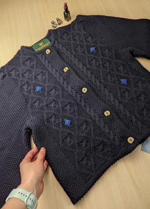 Кофта винтажная австрия шерсть тирольская розочки синяя woolmark на пуговицах кардиган пояс3 фото