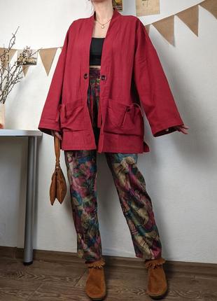 Кимоно накидка восточный стиль азия этнобохо с карманами япония бордовый красный лен3 фото