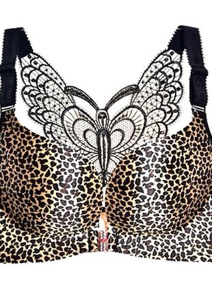 Бюстгальтер леопардовый большой размер c застежкой спереди и бабочкой на спине 85d95d. 100d..110 d-e1 фото