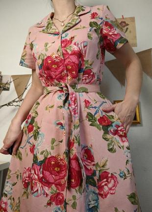 Платье халат на пуговицах рубашка длинное макси с карманами хлопок розы розовое цветы с поясом длинное винтажное s m l2 фото