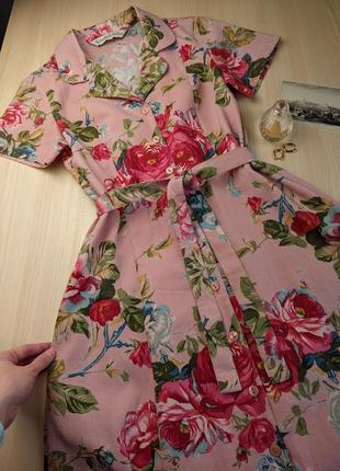 Платье халат на пуговицах рубашка длинное макси с карманами хлопок розы розовое цветы с поясом длинное винтажное s m l3 фото