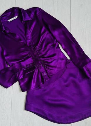 Фиолетовый атласный костюм zara юбка с рубашкой-топом2 фото