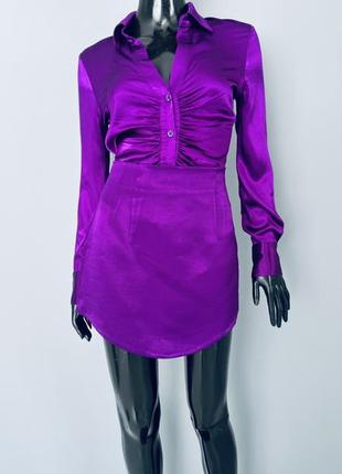 Фіолетовий атласний костюм zara спідниця з сорочкою-топом6 фото