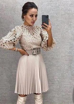 Платье нарядное с поясом кружево peltex бежевое красивое турецкое плиссированное