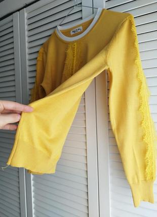 Желтый свитпер, пуловер с кружевом, кофта7 фото