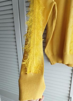 Желтый свитпер, пуловер с кружевом, кофта6 фото